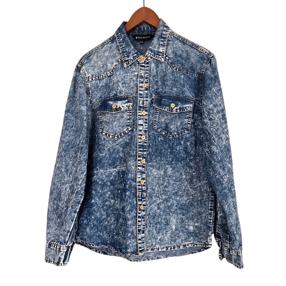 Vintage Y2K Hip Hop Streetwear Rocawear Acid Wash Denim Button Down Shirt Medium